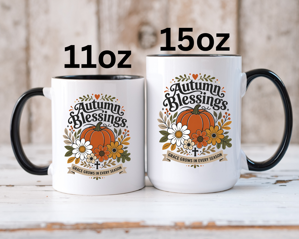 Autumn Blessings Christian Mug, Grace Grows in Every Season Coffee Cup, Faith Based Fall Gift, Floral Pumpkin Thanksgiving Decor
