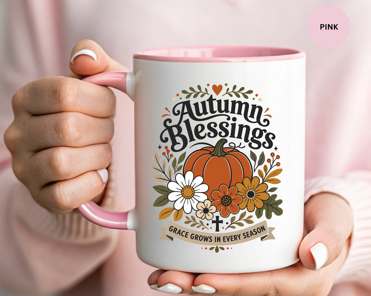 Autumn Blessings Christian Mug, Grace Grows in Every Season Coffee Cup, Faith Based Fall Gift, Floral Pumpkin Thanksgiving Decor
