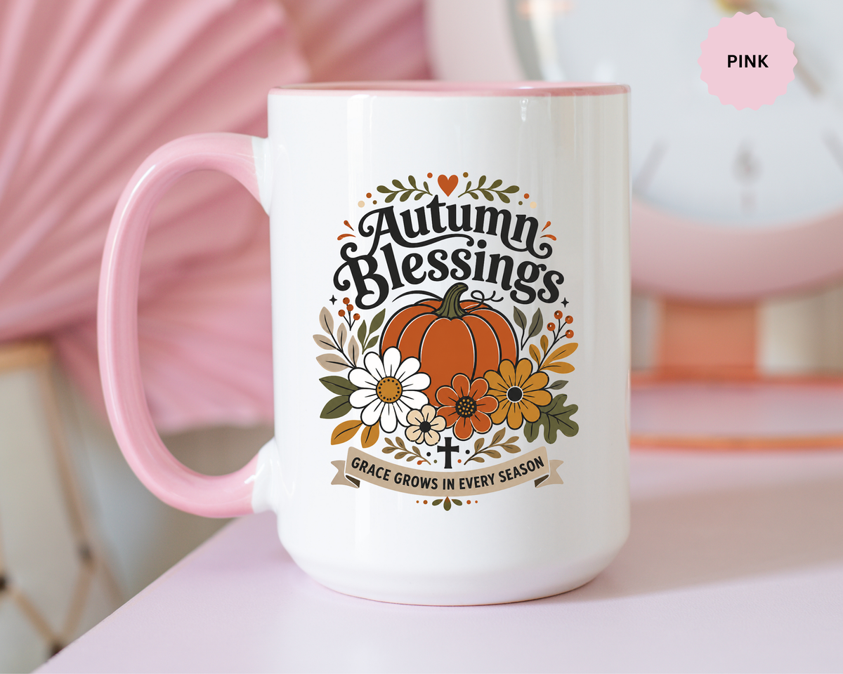 Autumn Blessings Christian Mug, Grace Grows in Every Season Coffee Cup, Faith Based Fall Gift, Floral Pumpkin Thanksgiving Decor