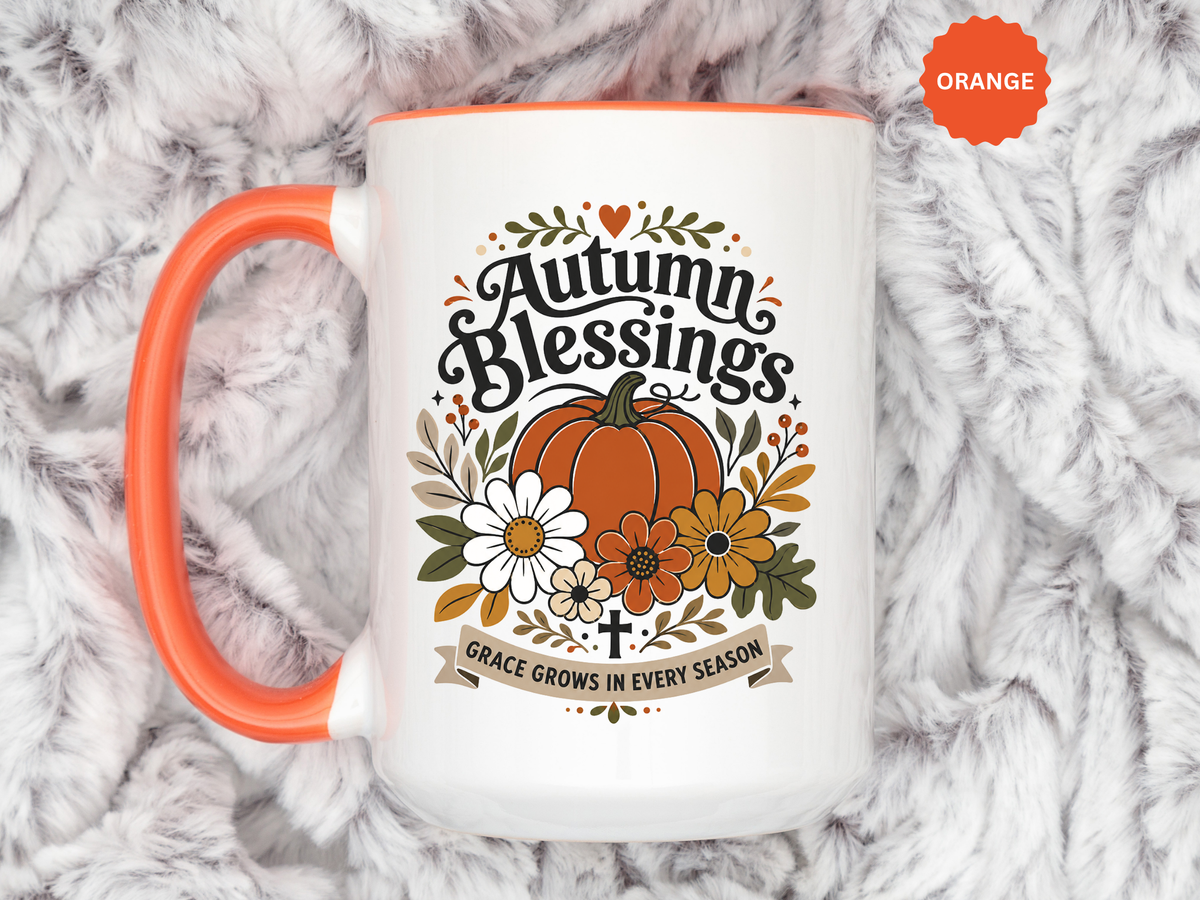 Autumn Blessings Christian Mug, Grace Grows in Every Season Coffee Cup, Faith Based Fall Gift, Floral Pumpkin Thanksgiving Decor