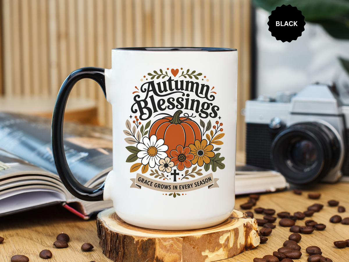 Autumn Blessings Christian Mug, Grace Grows in Every Season Coffee Cup, Faith Based Fall Gift, Floral Pumpkin Thanksgiving Decor