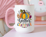 Gather With Gratitude Mug, Colorful Pumpkin Thanksgiving Coffee Cup, Cozy Fall Hostess Gift, Autumn Kitchen and Harvest Decor