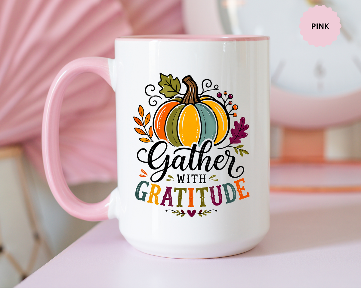 Gather With Gratitude Mug, Colorful Pumpkin Thanksgiving Coffee Cup, Cozy Fall Hostess Gift, Autumn Kitchen and Harvest Decor