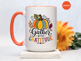Gather With Gratitude Mug, Colorful Pumpkin Thanksgiving Coffee Cup, Cozy Fall Hostess Gift, Autumn Kitchen and Harvest Decor