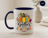 Gather With Gratitude Mug, Colorful Pumpkin Thanksgiving Coffee Cup, Cozy Fall Hostess Gift, Autumn Kitchen and Harvest Decor