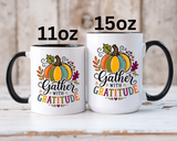 Gather With Gratitude Mug, Colorful Pumpkin Thanksgiving Coffee Cup, Cozy Fall Hostess Gift, Autumn Kitchen and Harvest Decor