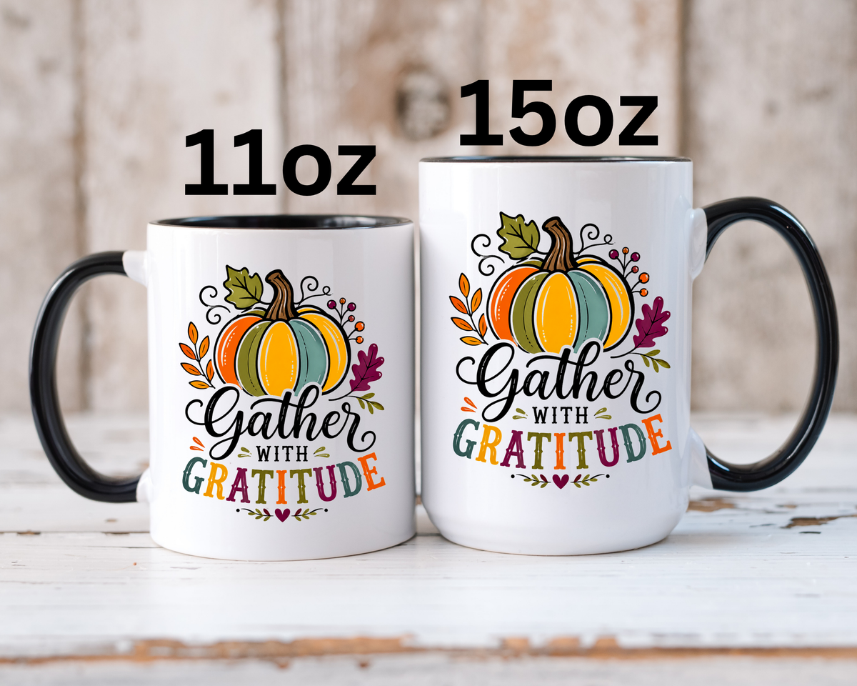 Gather With Gratitude Mug, Colorful Pumpkin Thanksgiving Coffee Cup, Cozy Fall Hostess Gift, Autumn Kitchen and Harvest Decor