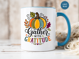 Gather With Gratitude Mug, Colorful Pumpkin Thanksgiving Coffee Cup, Cozy Fall Hostess Gift, Autumn Kitchen and Harvest Decor