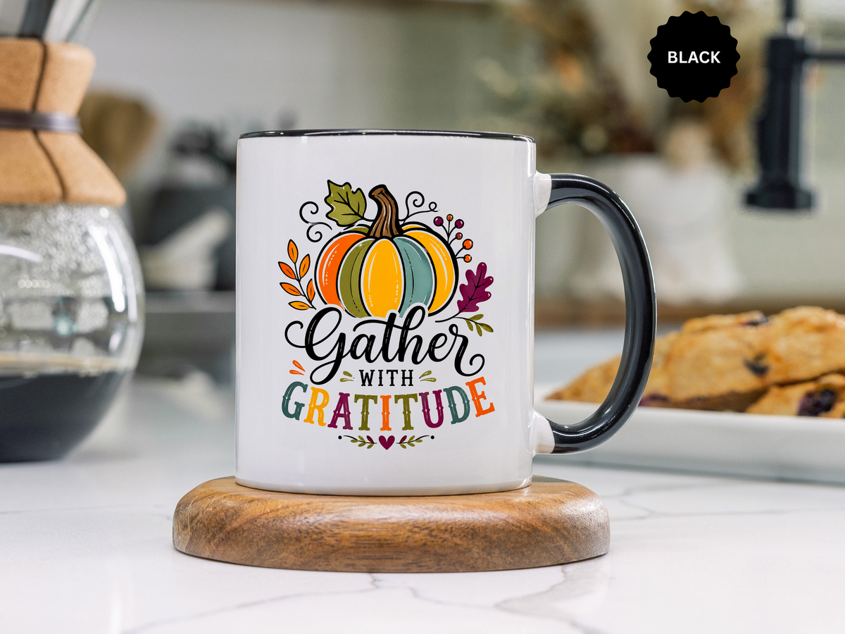 Gather With Gratitude Mug, Colorful Pumpkin Thanksgiving Coffee Cup, Cozy Fall Hostess Gift, Autumn Kitchen and Harvest Decor
