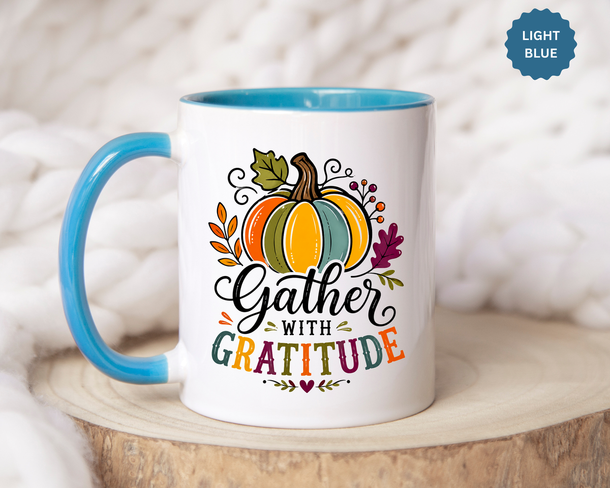 Gather With Gratitude Mug, Colorful Pumpkin Thanksgiving Coffee Cup, Cozy Fall Hostess Gift, Autumn Kitchen and Harvest Decor
