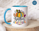 Gather With Gratitude Mug, Colorful Pumpkin Thanksgiving Coffee Cup, Cozy Fall Hostess Gift, Autumn Kitchen and Harvest Decor