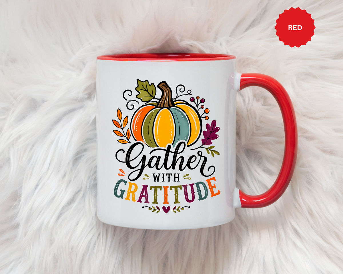 Gather With Gratitude Mug, Colorful Pumpkin Thanksgiving Coffee Cup, Cozy Fall Hostess Gift, Autumn Kitchen and Harvest Decor