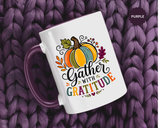 Gather With Gratitude Mug, Colorful Pumpkin Thanksgiving Coffee Cup, Cozy Fall Hostess Gift, Autumn Kitchen and Harvest Decor