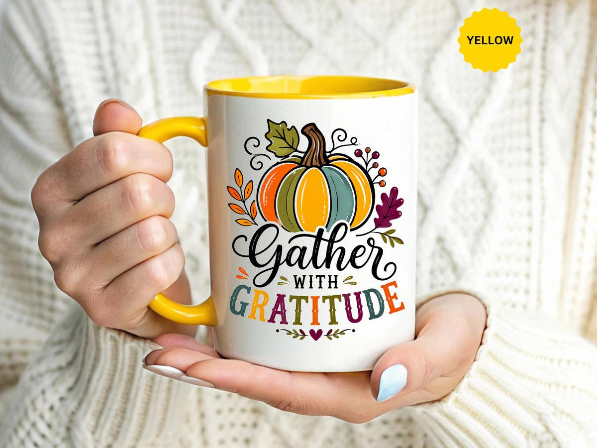 Gather With Gratitude Mug, Colorful Pumpkin Thanksgiving Coffee Cup, Cozy Fall Hostess Gift, Autumn Kitchen and Harvest Decor