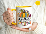 Gather With Gratitude Mug, Colorful Pumpkin Thanksgiving Coffee Cup, Cozy Fall Hostess Gift, Autumn Kitchen and Harvest Decor