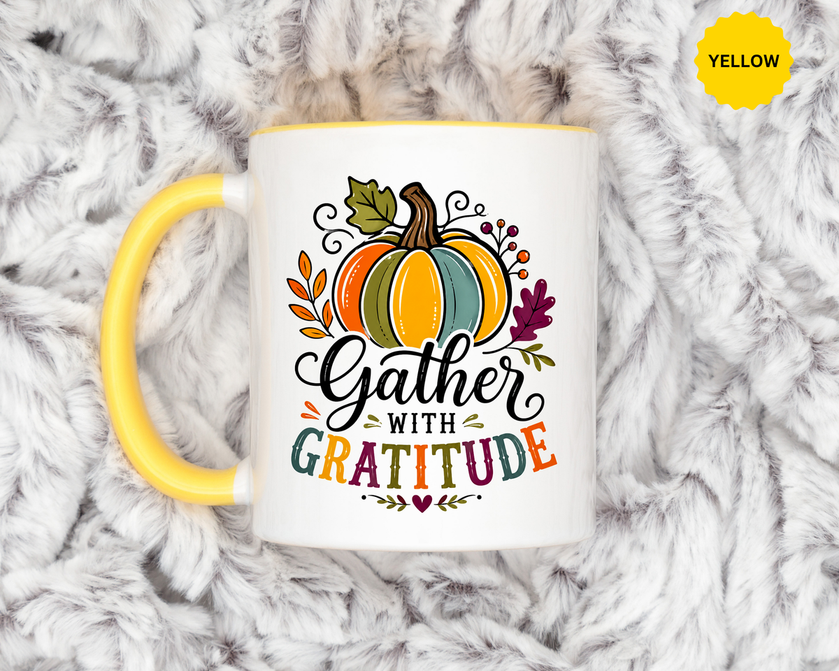 Gather With Gratitude Mug, Colorful Pumpkin Thanksgiving Coffee Cup, Cozy Fall Hostess Gift, Autumn Kitchen and Harvest Decor