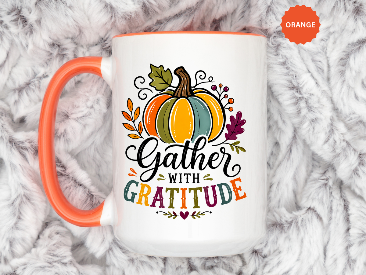 Gather With Gratitude Mug, Colorful Pumpkin Thanksgiving Coffee Cup, Cozy Fall Hostess Gift, Autumn Kitchen and Harvest Decor