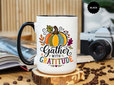 Gather With Gratitude Mug, Colorful Pumpkin Thanksgiving Coffee Cup, Cozy Fall Hostess Gift, Autumn Kitchen and Harvest Decor