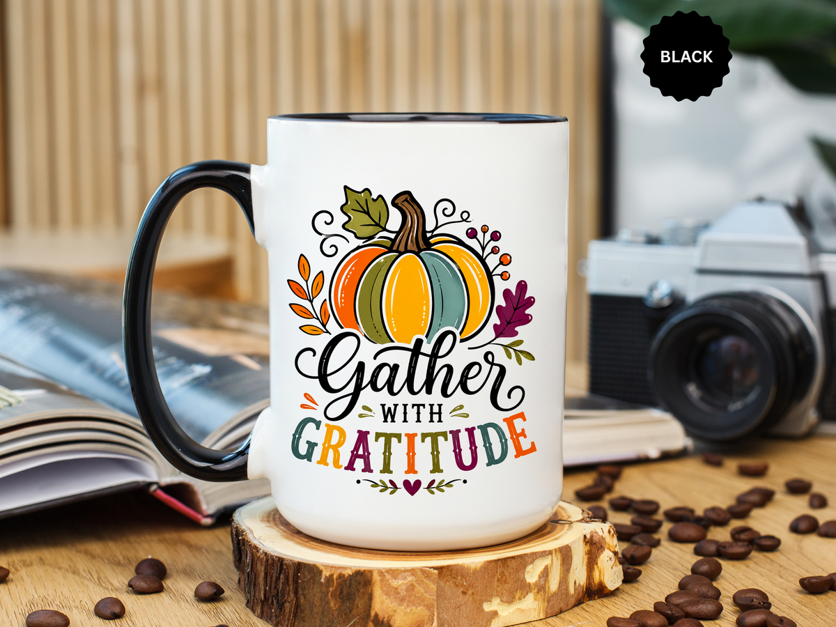Gather With Gratitude Mug, Colorful Pumpkin Thanksgiving Coffee Cup, Cozy Fall Hostess Gift, Autumn Kitchen and Harvest Decor