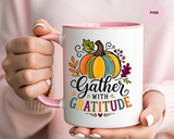 Gather With Gratitude Mug, Colorful Pumpkin Thanksgiving Coffee Cup, Cozy Fall Hostess Gift, Autumn Kitchen and Harvest Decor