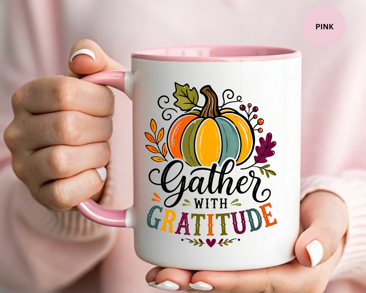 Gather With Gratitude Mug, Colorful Pumpkin Thanksgiving Coffee Cup, Cozy Fall Hostess Gift, Autumn Kitchen and Harvest Decor