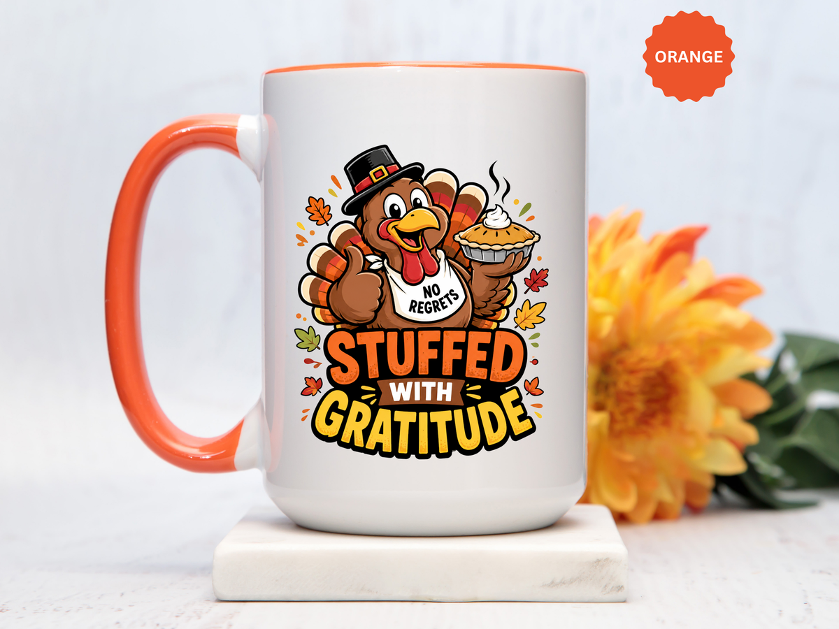Stuffed With Gratitude Mug, Funny Thanksgiving Turkey Coffee Cup, Friendsgiving Hostess Gift, Cute Fall Drinkware for Food Lovers