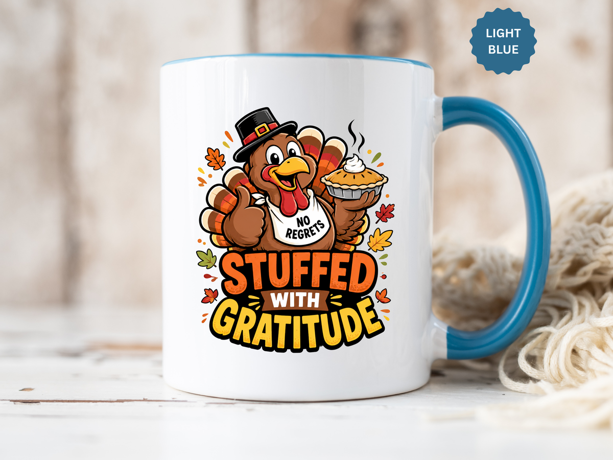Stuffed With Gratitude Mug, Funny Thanksgiving Turkey Coffee Cup, Friendsgiving Hostess Gift, Cute Fall Drinkware for Food Lovers
