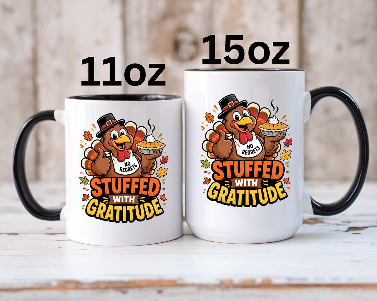 Stuffed With Gratitude Mug, Funny Thanksgiving Turkey Coffee Cup, Friendsgiving Hostess Gift, Cute Fall Drinkware for Food Lovers