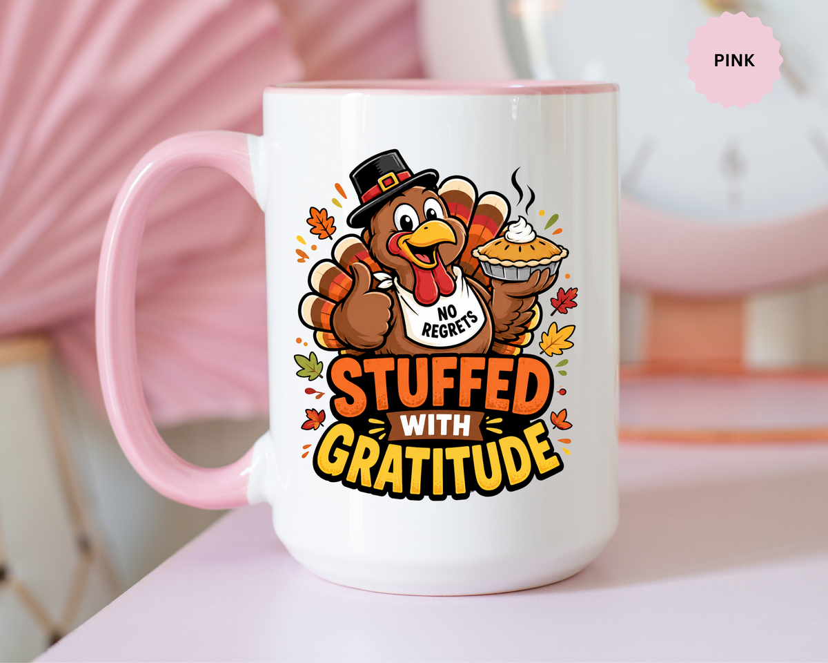 Stuffed With Gratitude Mug, Funny Thanksgiving Turkey Coffee Cup, Friendsgiving Hostess Gift, Cute Fall Drinkware for Food Lovers