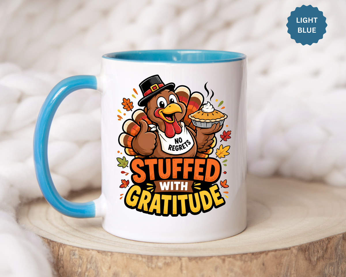 Stuffed With Gratitude Mug, Funny Thanksgiving Turkey Coffee Cup, Friendsgiving Hostess Gift, Cute Fall Drinkware for Food Lovers