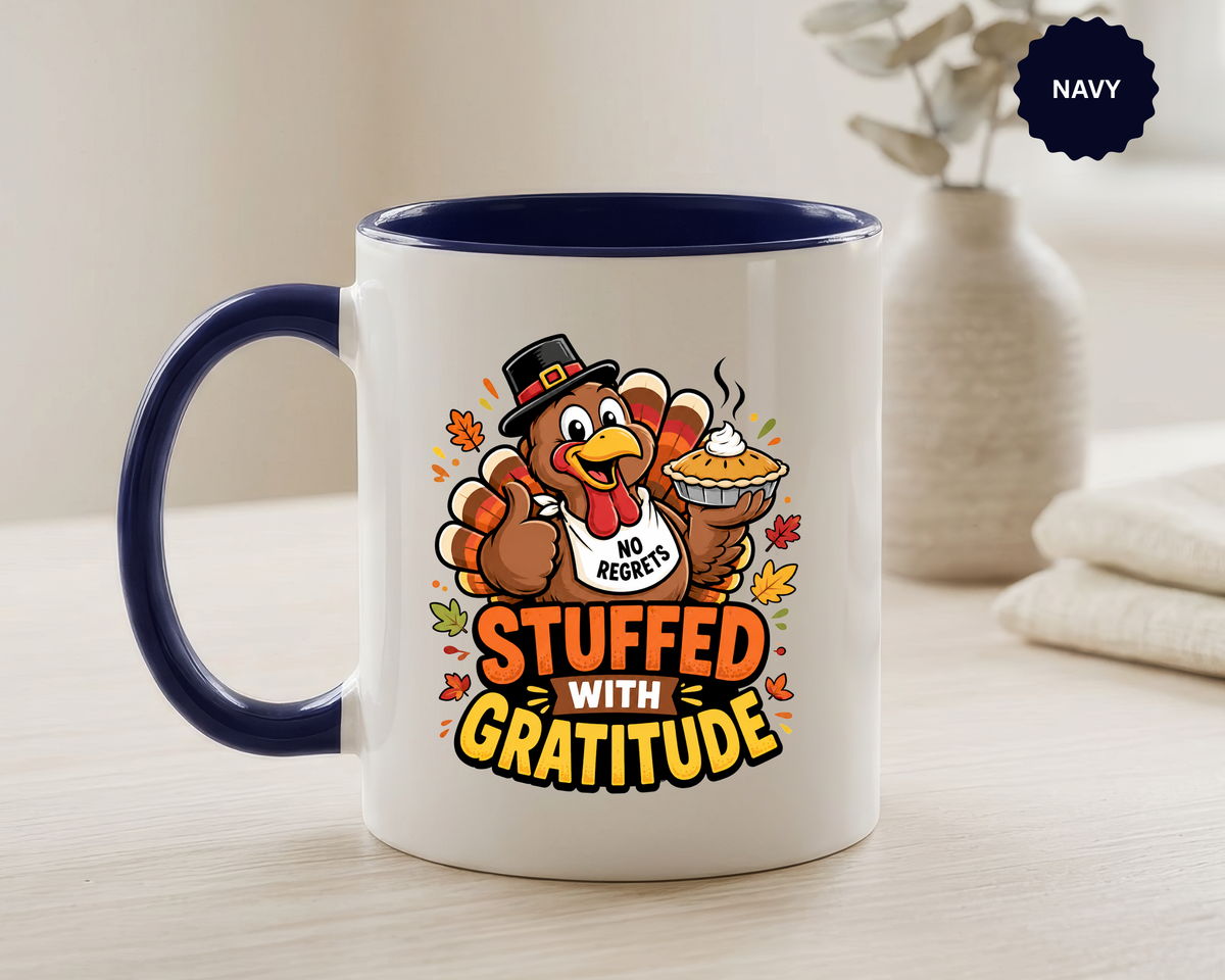 Stuffed With Gratitude Mug, Funny Thanksgiving Turkey Coffee Cup, Friendsgiving Hostess Gift, Cute Fall Drinkware for Food Lovers