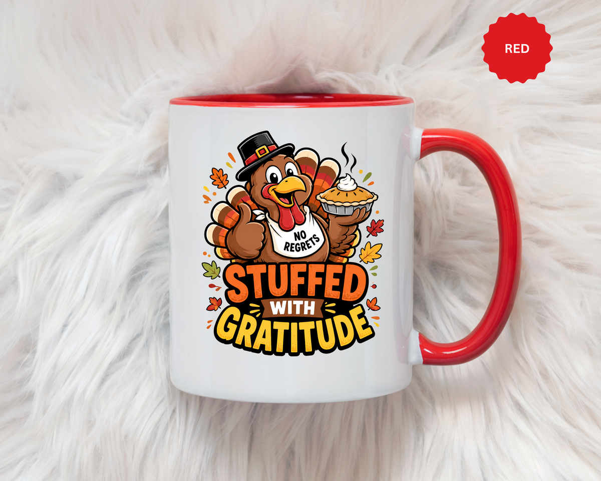Stuffed With Gratitude Mug, Funny Thanksgiving Turkey Coffee Cup, Friendsgiving Hostess Gift, Cute Fall Drinkware for Food Lovers