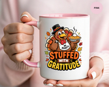 Stuffed With Gratitude Mug, Funny Thanksgiving Turkey Coffee Cup, Friendsgiving Hostess Gift, Cute Fall Drinkware for Food Lovers