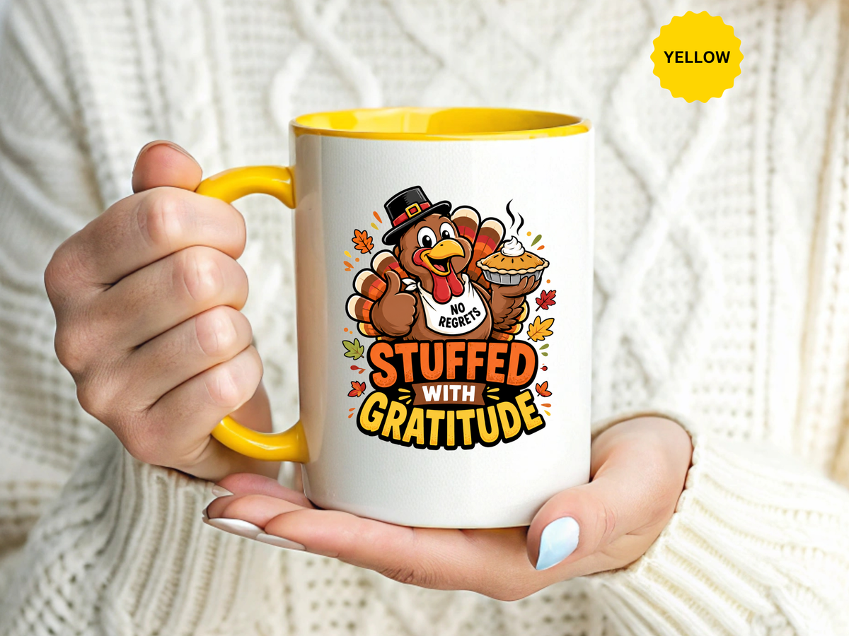 Stuffed With Gratitude Mug, Funny Thanksgiving Turkey Coffee Cup, Friendsgiving Hostess Gift, Cute Fall Drinkware for Food Lovers