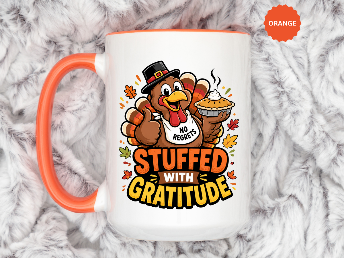 Stuffed With Gratitude Mug, Funny Thanksgiving Turkey Coffee Cup, Friendsgiving Hostess Gift, Cute Fall Drinkware for Food Lovers