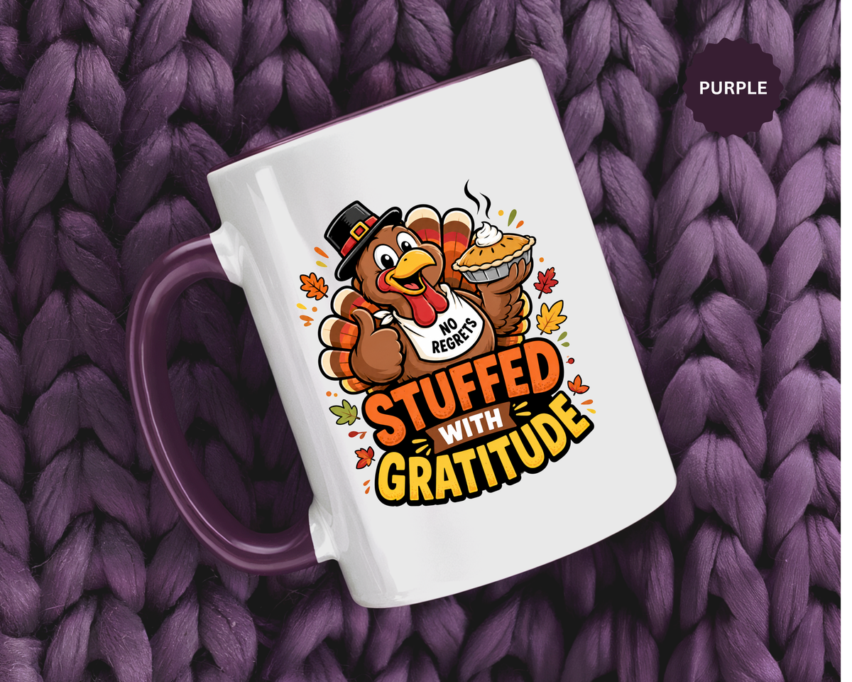 Stuffed With Gratitude Mug, Funny Thanksgiving Turkey Coffee Cup, Friendsgiving Hostess Gift, Cute Fall Drinkware for Food Lovers