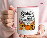 Grateful Hearts Gather Here Mug, Thanksgiving Pumpkin Coffee Cup, Rustic Fall Hostess Gift, Sunflower Harvest Kitchen Decor