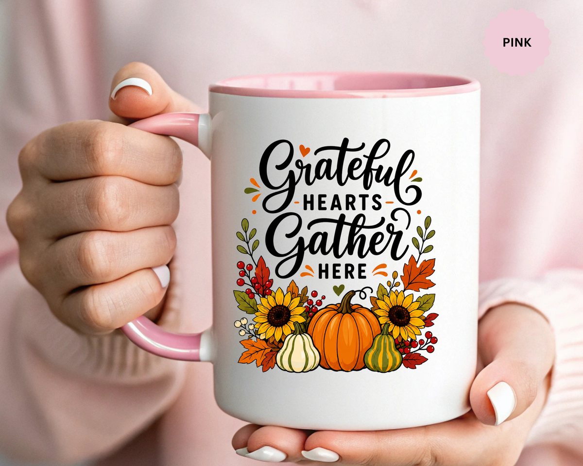 Grateful Hearts Gather Here Mug, Thanksgiving Pumpkin Coffee Cup, Rustic Fall Hostess Gift, Sunflower Harvest Kitchen Decor