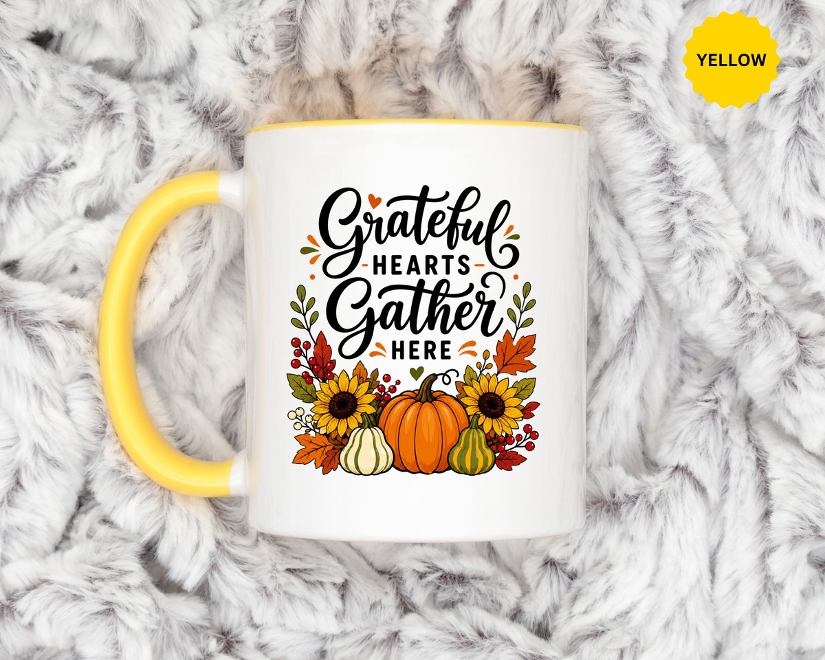 Grateful Hearts Gather Here Mug, Thanksgiving Pumpkin Coffee Cup, Rustic Fall Hostess Gift, Sunflower Harvest Kitchen Decor