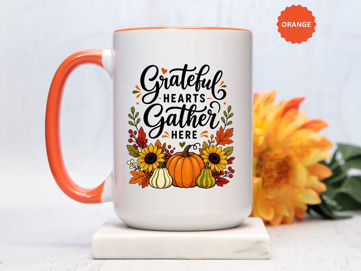 Grateful Hearts Gather Here Mug, Thanksgiving Pumpkin Coffee Cup, Rustic Fall Hostess Gift, Sunflower Harvest Kitchen Decor
