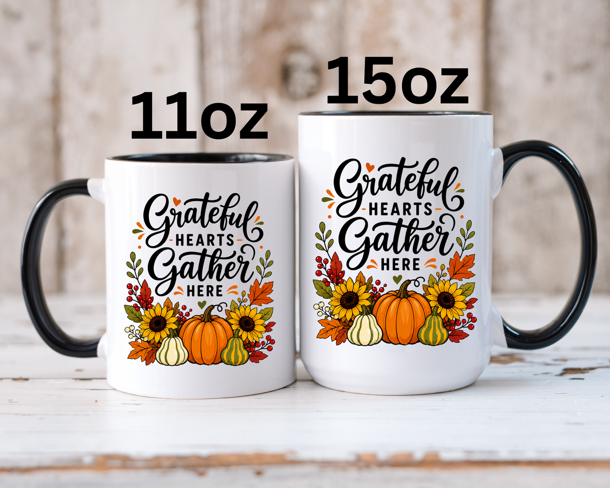 Grateful Hearts Gather Here Mug, Thanksgiving Pumpkin Coffee Cup, Rustic Fall Hostess Gift, Sunflower Harvest Kitchen Decor