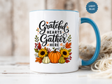 Grateful Hearts Gather Here Mug, Thanksgiving Pumpkin Coffee Cup, Rustic Fall Hostess Gift, Sunflower Harvest Kitchen Decor