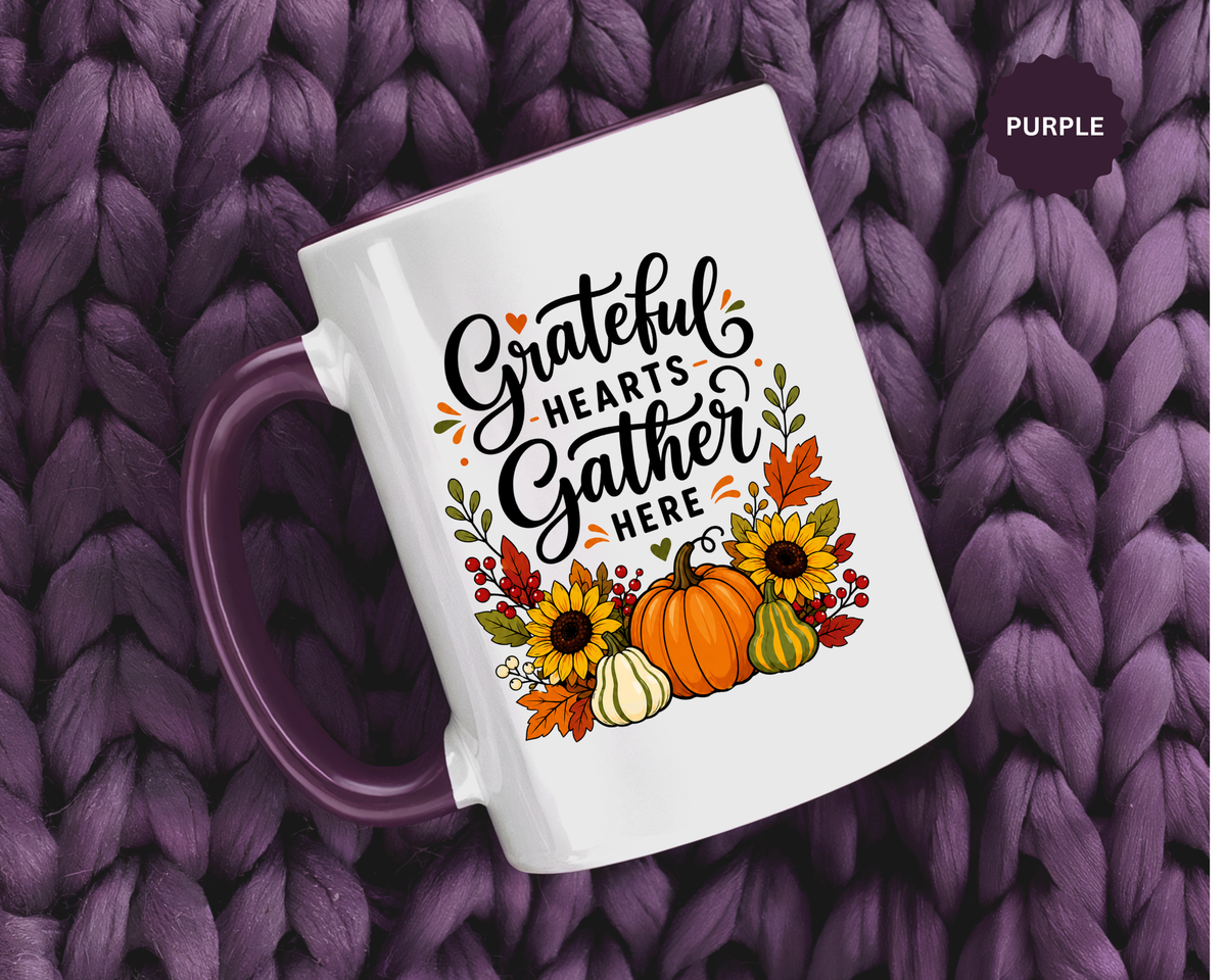 Grateful Hearts Gather Here Mug, Thanksgiving Pumpkin Coffee Cup, Rustic Fall Hostess Gift, Sunflower Harvest Kitchen Decor