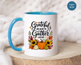 Grateful Hearts Gather Here Mug, Thanksgiving Pumpkin Coffee Cup, Rustic Fall Hostess Gift, Sunflower Harvest Kitchen Decor