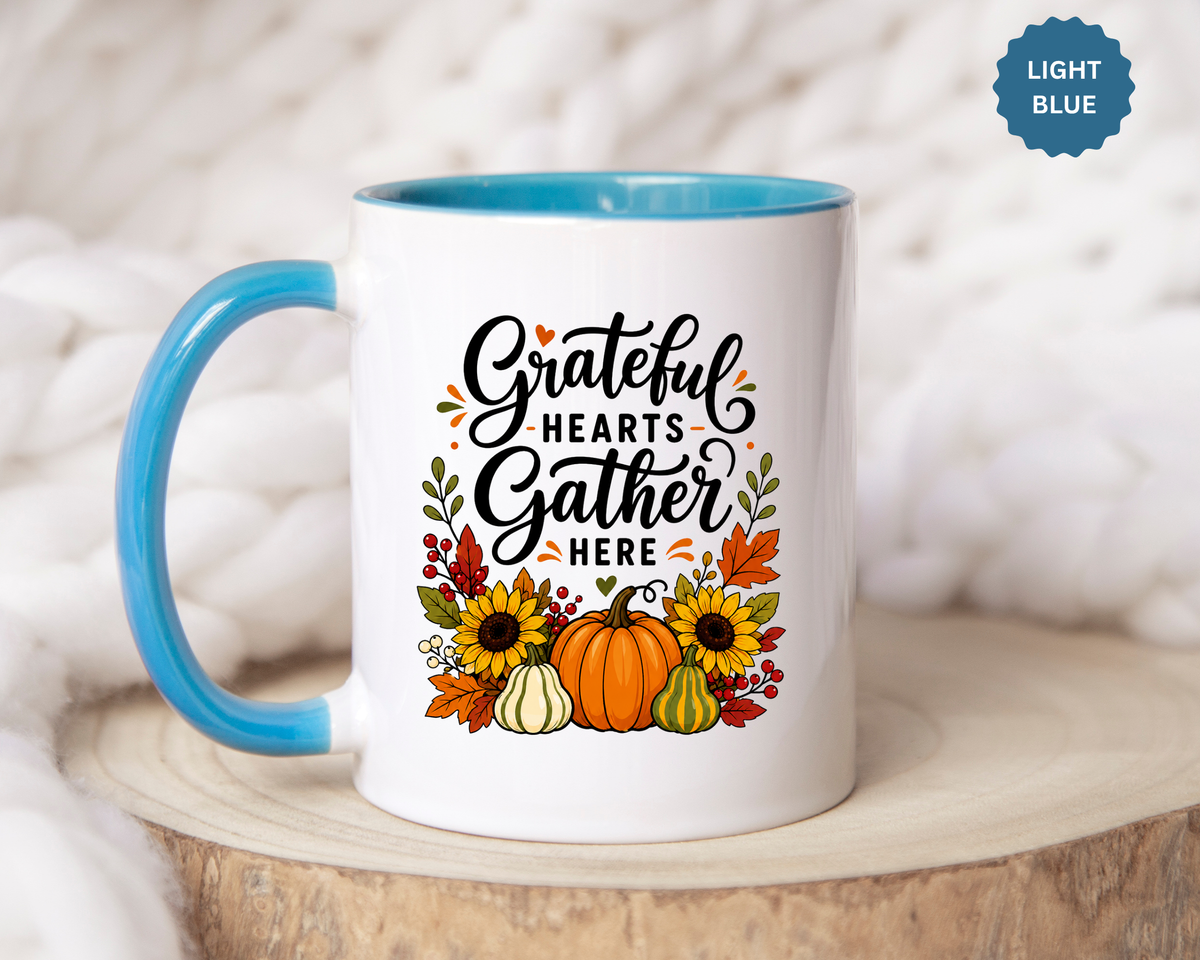 Grateful Hearts Gather Here Mug, Thanksgiving Pumpkin Coffee Cup, Rustic Fall Hostess Gift, Sunflower Harvest Kitchen Decor