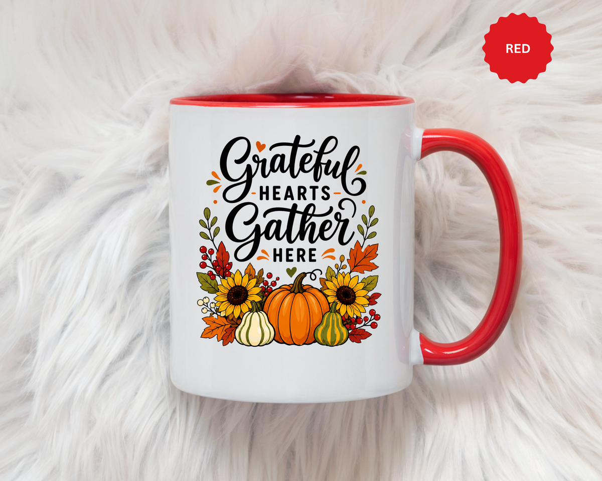 Grateful Hearts Gather Here Mug, Thanksgiving Pumpkin Coffee Cup, Rustic Fall Hostess Gift, Sunflower Harvest Kitchen Decor