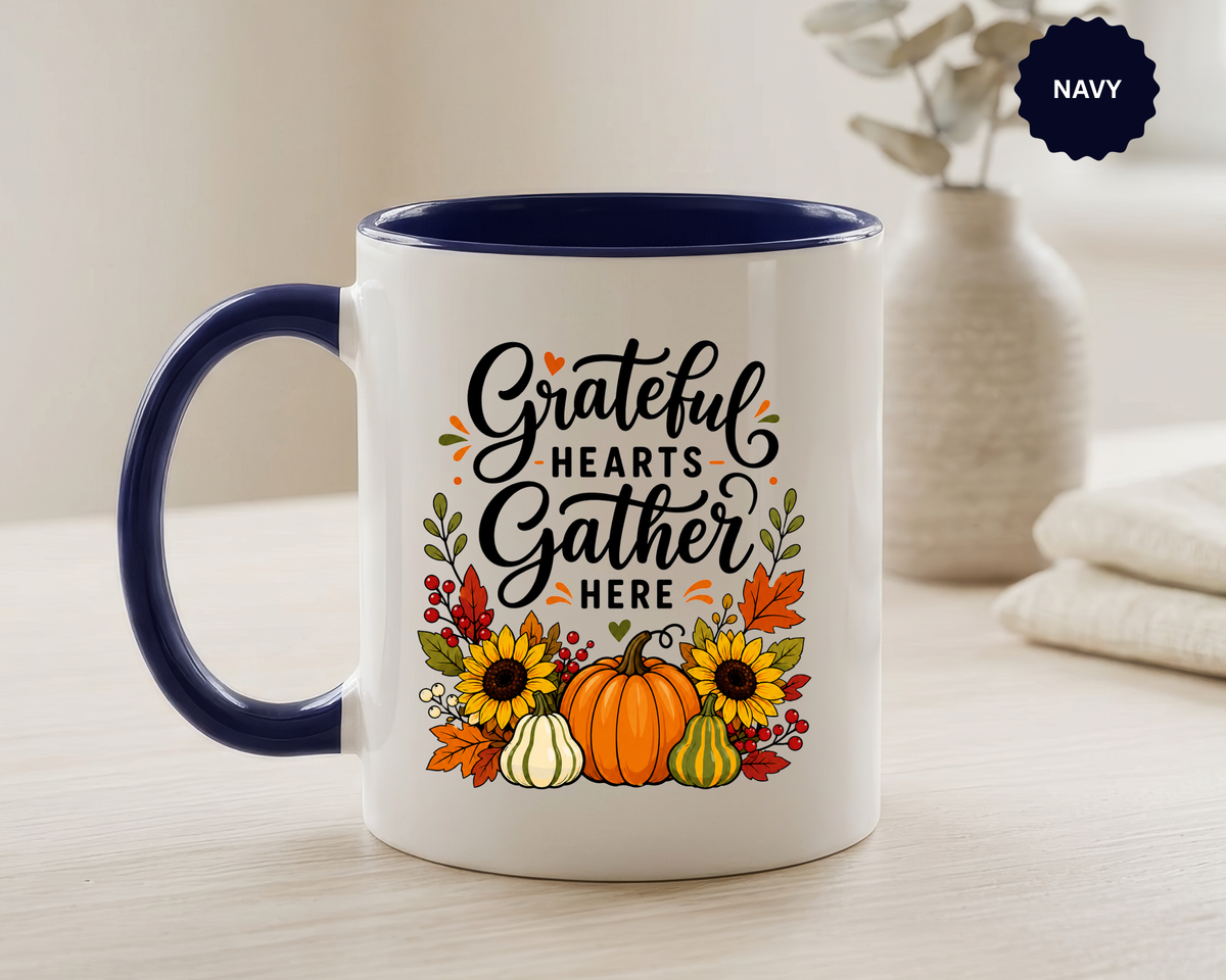 Grateful Hearts Gather Here Mug, Thanksgiving Pumpkin Coffee Cup, Rustic Fall Hostess Gift, Sunflower Harvest Kitchen Decor