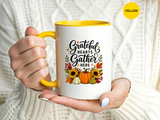 Grateful Hearts Gather Here Mug, Thanksgiving Pumpkin Coffee Cup, Rustic Fall Hostess Gift, Sunflower Harvest Kitchen Decor