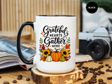 Grateful Hearts Gather Here Mug, Thanksgiving Pumpkin Coffee Cup, Rustic Fall Hostess Gift, Sunflower Harvest Kitchen Decor