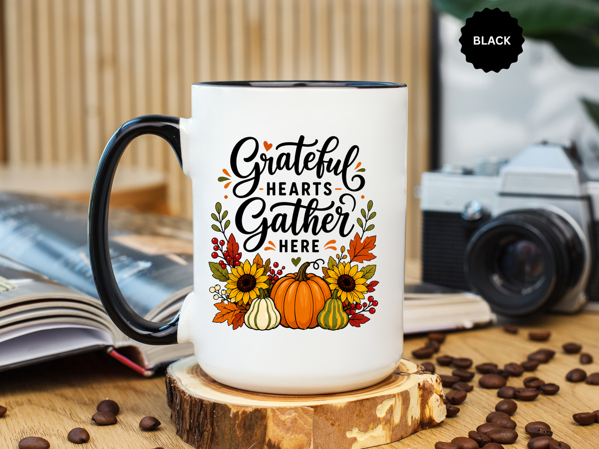 Grateful Hearts Gather Here Mug, Thanksgiving Pumpkin Coffee Cup, Rustic Fall Hostess Gift, Sunflower Harvest Kitchen Decor